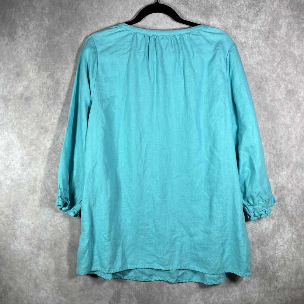 Hot Cotton Top Womens Large Green Linen‎ 3/4 Sleeve Tunic Tie Neck Casual Travel - Picture 5 of 9